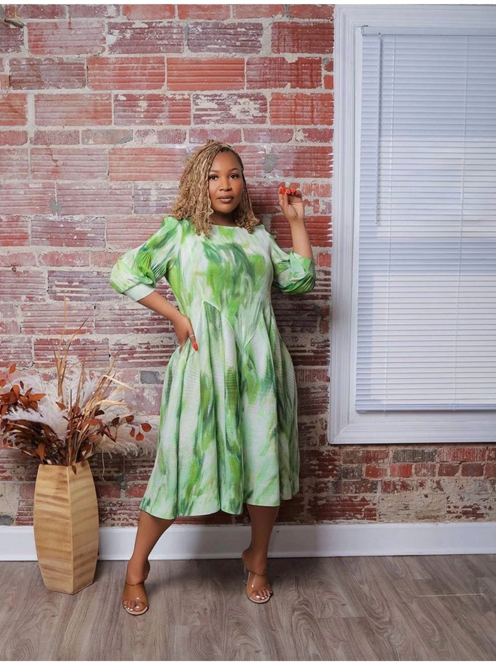 Green Watercolor A-Line Midi Dress